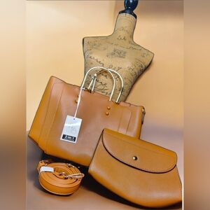 La Terre Satchel-Style Handbag Set With Gold-Toned Metal Top Handles & Add Strap